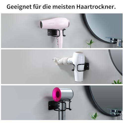 Kegii Haartrocknerhalter, Fönhalter ohne Bohren, Föhnhalter Wand ohne Bohren, Wandmontage Föhn Halterung zur Aufbewahrung von Haartrocknern in Badezimmern und Wohnzimmern, Schwarz 6