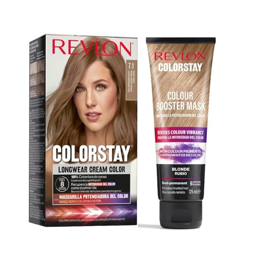 REVLON Colorstay Tinte Pelo Mujer, Coloración Permanente de Larga Duración, Tono 7.1 Rubio Ceniza + Mascarilla Potenciadora del Color, 125ml Tono Rubio