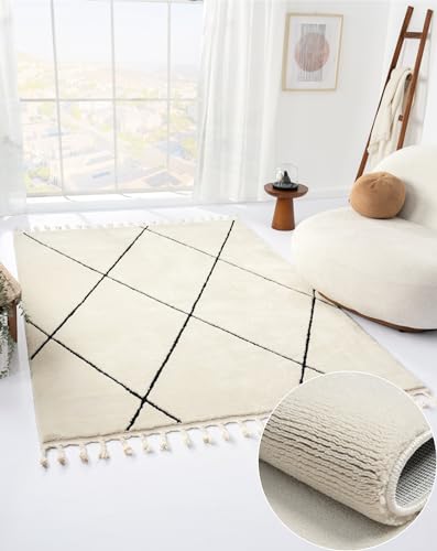 MY-RUG Teppich Ida rechteckig weiß schwarz 140 x 200 cm Esszimmerteppich im Boho Style,...