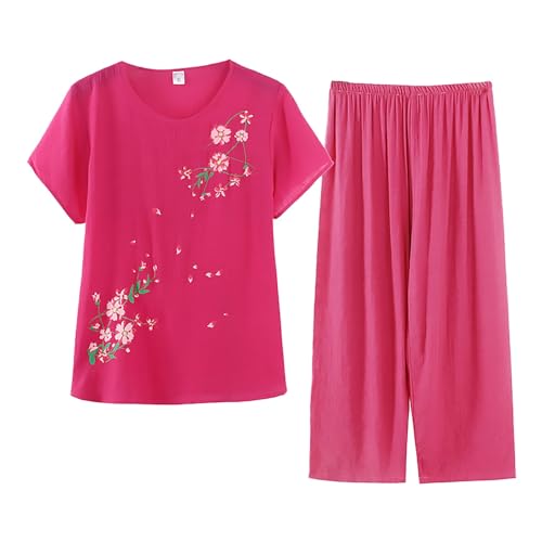 Pantalon et haut coton lin rose 3XL pour femme