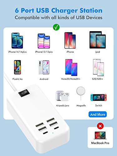 Usb Charger, Flymic 6 Port Usb Charger Station For Multiple Devices Usb Power Strip Usb C Charger Block Usb Charging Hub For Iphone 14/13 Pro Max/13 Pro/13,Ipad Pro,Switch, Galaxy S21 (White) #TOP2
