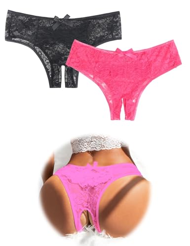 OhMyDear 2 Piezas Tanga Abierto Encaje Braguitas Mujer Sexy Transparente Cintura Baja Ropa Interior Slip Eróticas Estampado Floral