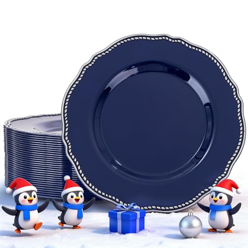 Hioasis 60pcs Blue Plastic Plates - Blue and Silver Disposable Dinnerware with Gold Rim, Heavy-duty, 10.25 inch, Dinner Plates for Party & Wedding Hioasis 60pcs Blue Plastic Plates - Blue and Silver Disposable Dinnerware with Gold Rim, Heavy-duty, 10.25 inch, Dinner Plates for Party & Wedding
