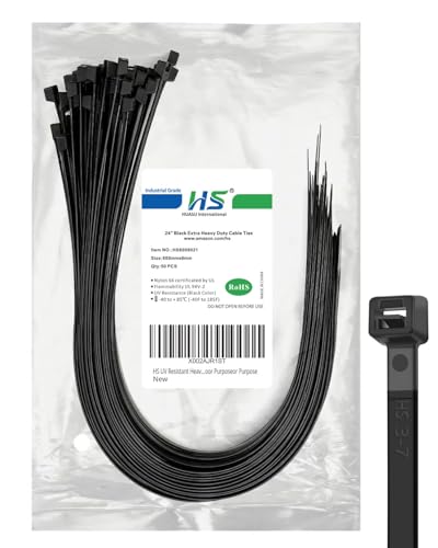 HS Extra Long Cable Zip Ties Heavy Duty 24 Inch Strong Large Plastic ZipTies Big Straps 200 LBS UV Black 50 Pack Outdoor Use