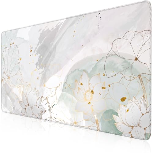 Image of iCasso Desk Cover Mat, Extra Large Lotus Mouse Pad, Desk Pad Mat,Office Matt for Desktop Protector, Anti-Slip XXL Big Mousepad with Stitched Edges for Laptop Computer Keyboard(Green Lotus Leaf)