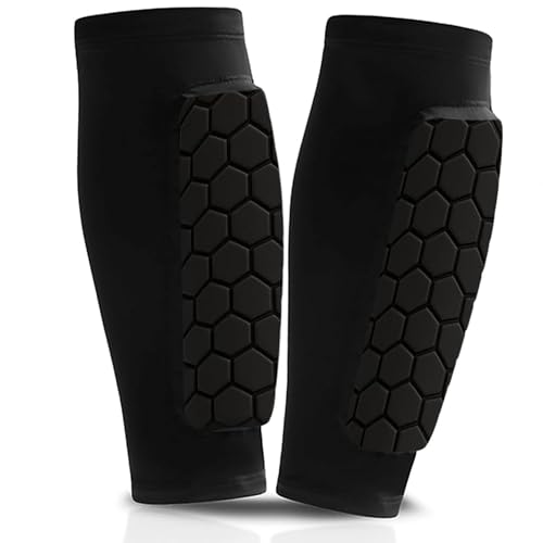 All-in-One Football Sock Guards Built-in Shin Pads with Compression Sleeve for Kids & Adults Breathable Anti-Slip (Black M)