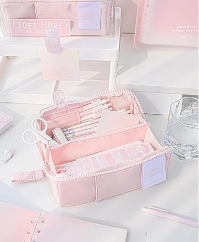 Image of WORSHIPER Kawaii Cute Pencil Pouch with Push Pull Eraser Set for Kids | Premium Canvas Zipper Stationery Organizer Box with Cartoon Design | Gift Combo for Boys & Girls (Soft More Pink + Earser)