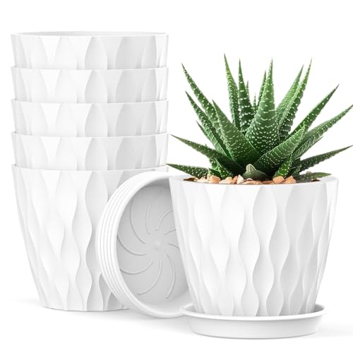 Homeuouz 6er Set Blumentöpfe 10cm – Waffelmuster mit Untersetzer, Plastik mit Löchern, für Sukkulenten, Innen & Outdoor, für Balkon & Garten, Weiß