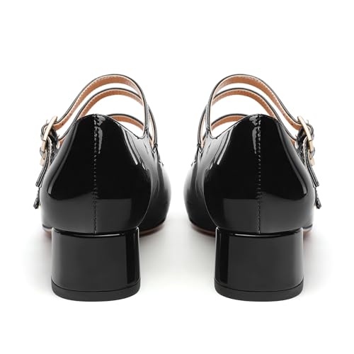 Womens Closed Square Toe Low Chunky Heels for Women Ladies Patent Leather Three Strap Mary Jane Pumps Wedding Party Office Dress Shoes4