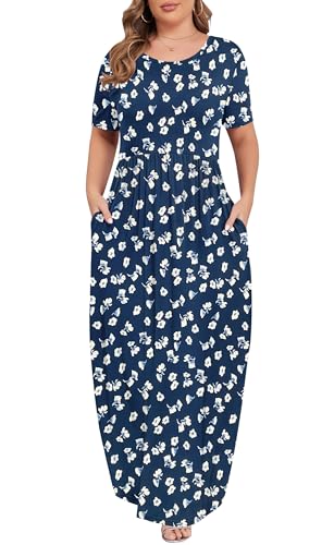 Image of KARALIN Women Plus Size Maxi Dress Short Sleeve Round Neck Loose Fit A-Line | Plus Size Long Dress,Summer Casual Maxi Dresses,Short Sleeve,Side Pockets,Round Neck,Elastic Waist,14 Plus - 26 Plus