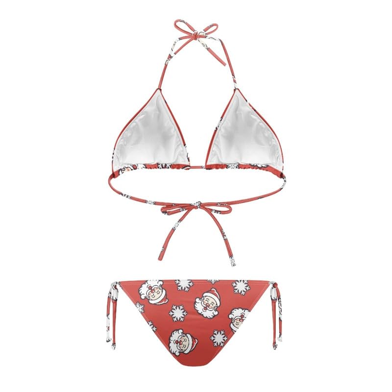 Irisjudy Womens 2 Piece Christmas Holiday Swimsuit Xmas Santa Claus Bikini Set Costume, Low Rise Red String Swimwear High Cut Bathing Suit
