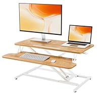 ERGOMAKER Steh-Sitz Schreibtischaufsatz Höhenverstellbar, Stehpult Aufsatz Schreibtisch 80 X 40CM Desktop Erhöhung mit Tastaturablage Für Zwei Monitore,Helles Rustikalbraun