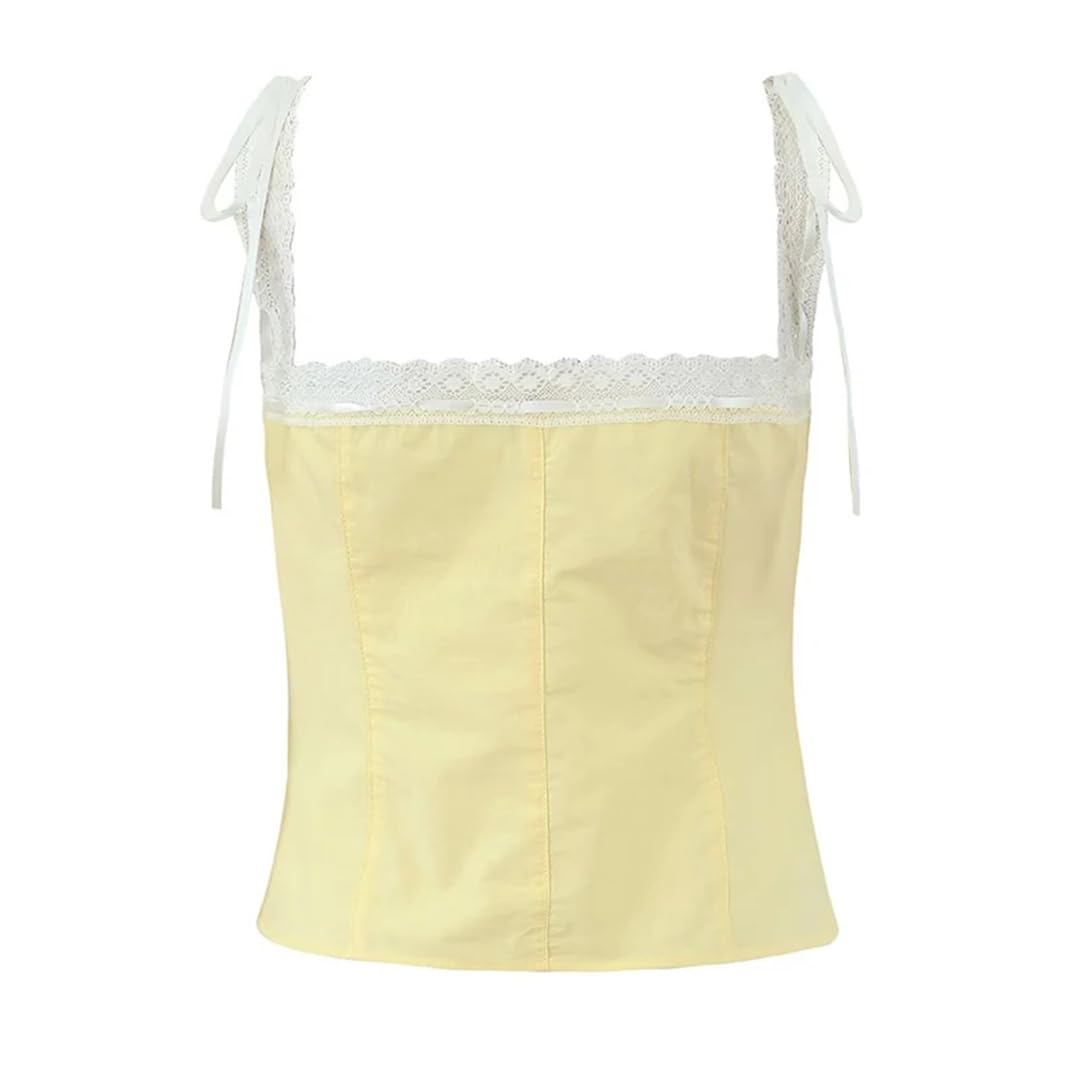 ERFMFKL Débardeur pour femme avec boutonnière en dentelle épissée Coupe ajustée Coton Vacances Haut court pour fêtes