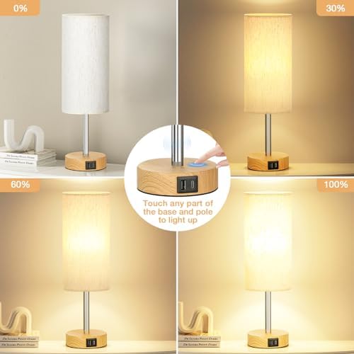 Bedside Lamps Set of 2, 3-Way Dimmable Touch Lamps Bedside with USB-C+A Charging Ports, Bedroom Lamp with Flaxen Fabric Shade, Small Table Lamp for Bedroom Living Room (LED Bulbs Included)