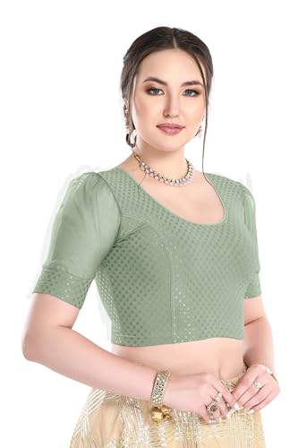 Image of FINESTFIT Stay On Trend Fashion 100% Cotton Readymade Blouses for Women,Round Neckline with Organza Balloon Sleeves.
