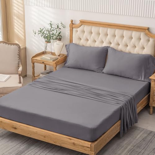 PURE ERA Jersey Knit 4pc Bed Sheet Set 100% T-Shirt Cotton Super Soft Comfy Breathable Fits Mattress Up to 20" Extra Deep Pocket (Solid Grey Purple, Queen)