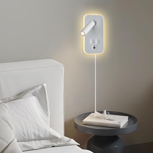 Image of Headboard Reading Light, Bedside Lamp Plug in Hardwired 2 in 1 Wall Lamp, Bedside Lamps USB C+A Ports, Adjustable Headboard Lights for Bedroom with 10W+3W Wall Mounted Reading 3000K (White)
