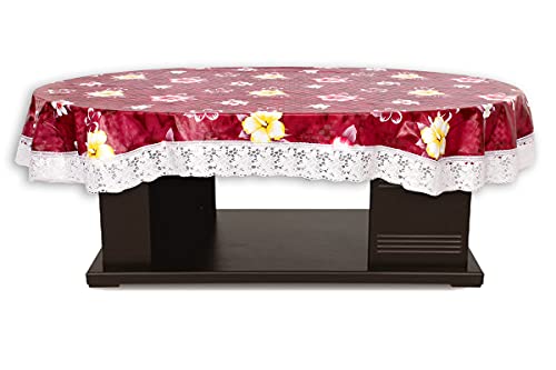 Image of The Furnishing Tree Waterproof PVC Oval Shaped 10 Seater Table Cover WxL 60x120 inches Floral Pattern Red with White Border lace