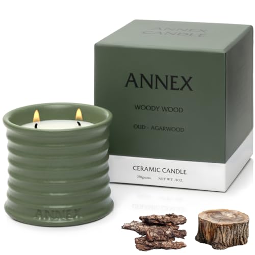 Annex Oud and Agarwood Luxury Wood Scented Candle - 8oz Handmade Ceramic Jar Candle - 50hr Clean...