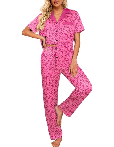 Image of Ekouaer Satin Pajamas Set for Women Silk Button Down Sleepwear Short Sleeve Loungewear 2 Pieces Nightwear