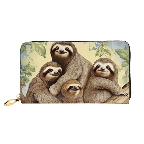 Sloth Family Women Wallets Leather Zip Around Clutch Purses Waterproof Credit Card Holder With Phone Holder Ladies Travel Coin Purse