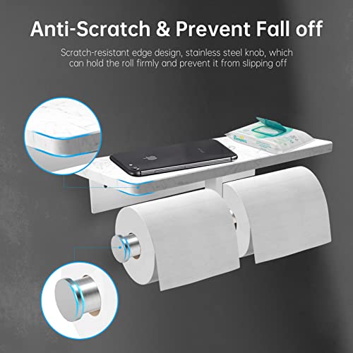 Chihod Double Toilet Paper Holder, Natural Marble Shelf And Brushed Nickel Towel Rack, Toilet Roll Holder Stainless Steel, Tissue Paper Holder Wall Mounted For Bathroom, Phone/Wipes/Rolls Storage #TOP1