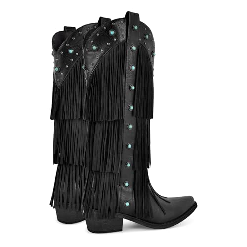 sexytag Fringe Western Cowboy Boots for Women with Tassals Turquoise Studs Embellishments Pointed Toe Cowgirl Knee High Boots4