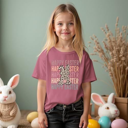 Girls Happy Easter Shirts Leopard Bunny Tshirt Cute Rabbit Outfits Kids Easter Holiday Short Sleeve Tee Tops 7-12Y3
