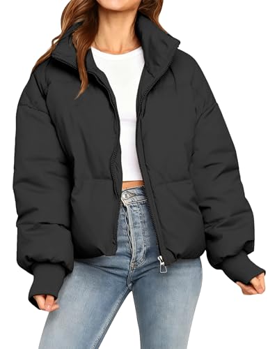 MaShinequang Womens Cropped Black Puffer Jacket Zip Up Quilted Padded Coat Outwear with Pockets...