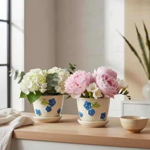 Image of Kraftlik Handicrafts Small Ceramic Planter with Attached Saucer | White Textured Mini Flower Pot for Succulents & Home Decor (Pack of 2)