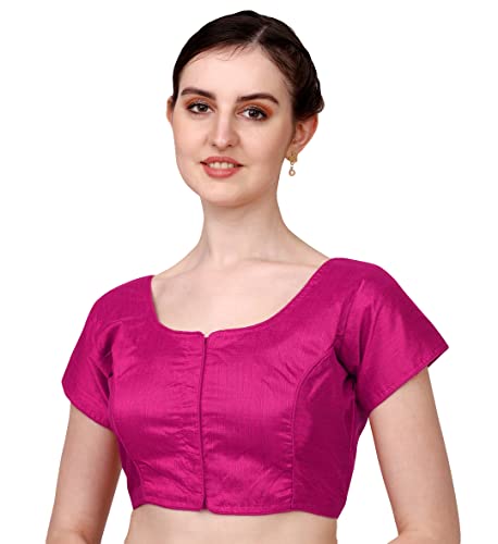 Pujia Mills Pink Blouse for Women | Round Neck Mono Banglori Silk Front Open Short Sleeve Blouse|Blouses for Women Readymade Stylish | Size : 36-38 | Wedding Reception Party Engagement Deal