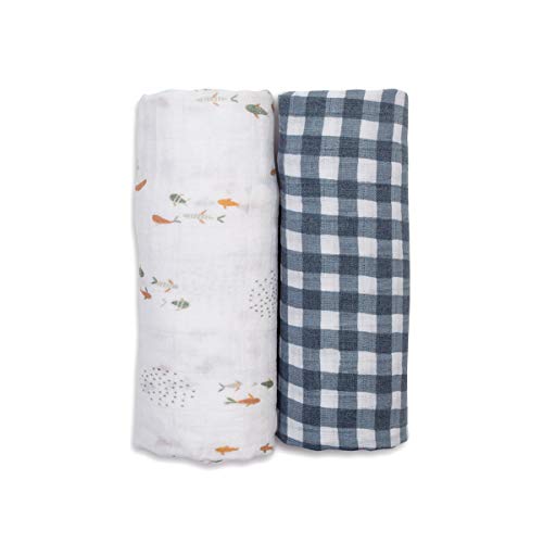 Image of lulujo Boho Swaddle Set, Cotton Muslin Blankets, 2 Pack (Fish & Navy Gingham)