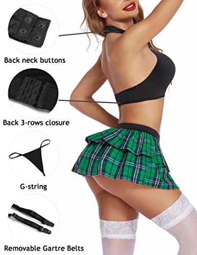 Avidlove Sexy Schoolgirl's Outfit for Womens Costumes Lingerie Set Tie Top shirt and Mini Skirt Green XXL - Image 3