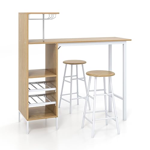 HOMASIS Ensemble de table de bar avec 2 tabourets de bar, table de salle à manger avec supports pour verres à vin et étagères pour 6 bouteilles de vin,...