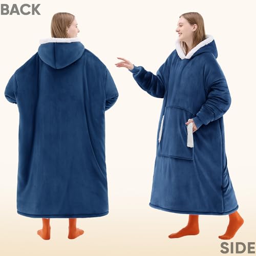 yescool Sherpa-Lined Wearable Blanket Hoodie, Navy Blue (Oversized) — view 3