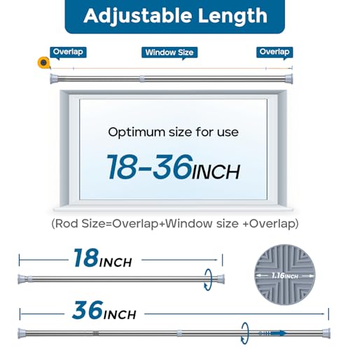 Image of AIZESI Silver Tension Curtain Rod 18-36 inch, 1Pcs Adjustable, Stainless Steel, No Drilling, Non-Slip, Wide Use, Easy Installation