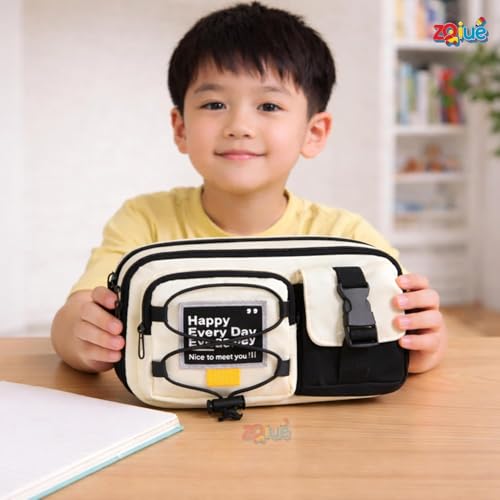 Image of Large Capacity Cute Aesthetic Pencil Case with Multi ompartments, Multi-Pocket Pastel Pen Pouch Organizer with Zipper, Kawaii School Supplies Bag for Girls (Black Happy EveryDay + Space Blue Eraser)