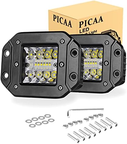 PICAA 2PCS 42W Flush Mount LED Light Pods Upgraded Spot Flood Combo Beam Driving Light LED Work Light Backup Light Reverse Light Grill Mount Light for Offroad 4x4 Truck SUV Jeep 12V 24V