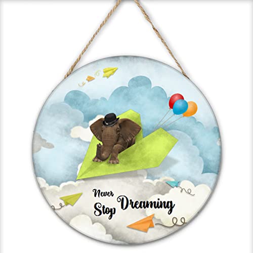 Finamille Inspirational Wall Art -Never Stop Dreaming,Elephant Shabby Chic Round Sign for Kid's Bedroom Classroom Nursery 12x12 Inches Wooden Door Hanger