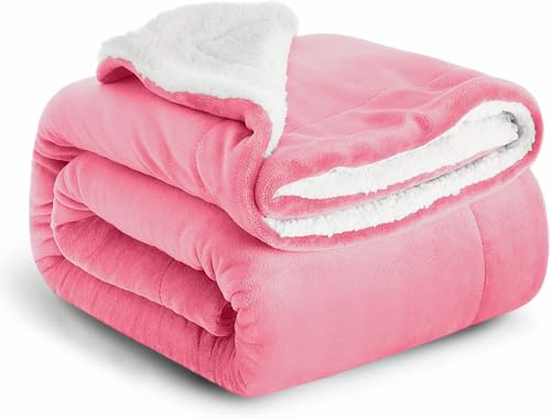 Casabella Sherpa Fleece Blanket - Blankets and Throws for Sofa Bed - Thick Warm Throw Blanket for Double Bed - Soft Fluffy Bedding, Travel Accessories - Double, Blush Pink, 150x200cm
