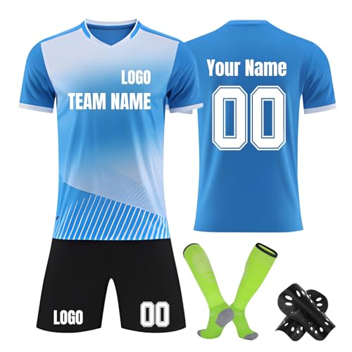 Genérico Personalizada Camisetas Futbol Niño con Nombre Número y Logo, Conjunto de Futbol para Niños/Adultos, con Camiseta Pantalones Cortos Calcetines y Espinilleras