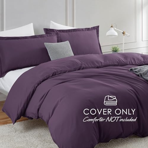 Image of Hearth & Harbor Purple Duvet Cover Full Size, 3 Piece Bedding Set | Soft Double Brushed Bedding Set, Button Closure, 1 Duvet Cover 80x90 Inches, 2 Pillow Shams