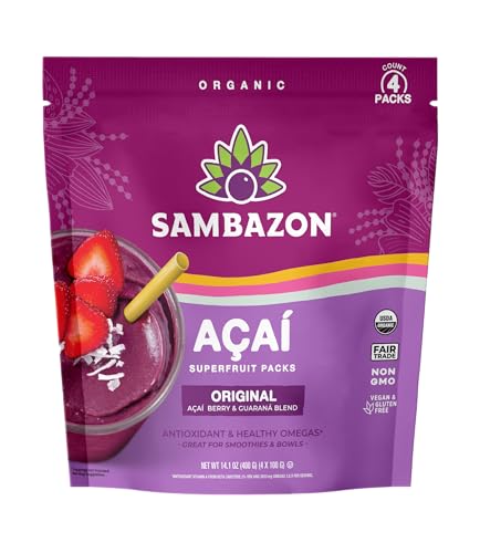 Sambazon Acai Berry and Guarana Smoothie Superfruit Pack, 14.1 Ounce, 4 Count