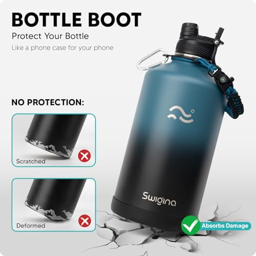 Image of Swigina [2-IN-1 LID] Gallon Insulated Water Bottle with Silicone Boot (48hrs Cold /24hrs Hot) - DIY Stickers, Leakproof, BPA Free, 128 oz