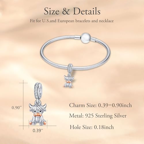 Highland Cow/Dachshund/Heart/Giraffe Charm for Bracelet 925 Sterling Silver Pendant Cow Charm Bead Cute Animal Jewelry Make for Bracelet Necklace Christmas Gifts Valentine's Day for Women2
