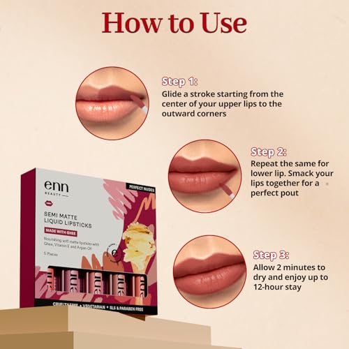 Image of ENN Liquid Lipstick Combo Set (Pack of 5 Perfect Nudes) | Long Lasting 12H, Transferproof & Highly Pigmented | Semi Matte Lipstick with Vitamin E, Ghee & Argan Oil