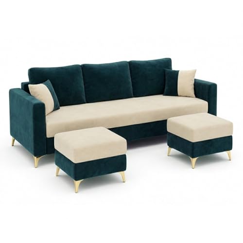 Image of Classiq Rich 5 Seater L Shape Sofa Set with 2 Movable Ottomans | Flexible Layout | Rich Velvet Suede Fabric | Silver Legs | Dual Tone Modern Sofa for Living Room (Greenish Teal-Cream)