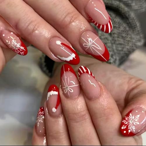 Christmas Press On Nails - French Tip False Nails with Glue - 24Pcs Almond Shaped Reusable Durable Christmas Nails in 12 Sizes - with Red Christmas hat Glitter Snowflakes Design