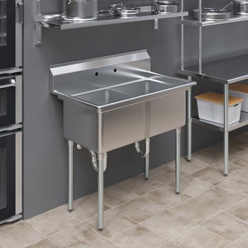 Image of AmGood Stainless Steel Prep & Utility Sink | 304 Stainless Steel | Restaurant, Kitchen, Laundry, Garage | NSF (23 in. x 41 in. | Two Bowls)