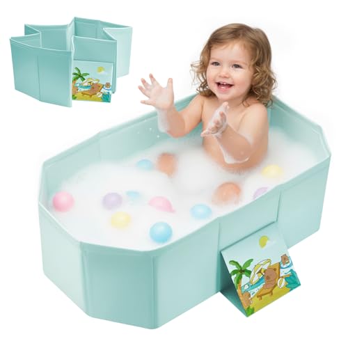 Image of Baby Bathtub for Newborn to Toddlers 1-6 Y, Foldable Infants Babies Bath Tub with Non-Slip Base and Drain Plug, Portable Bathtub for Home Outdoor (Light Green, 75-45-25CM)